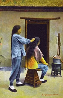 Hairstyle Collection: China - A Chinese Barber, preparing a long pigtail