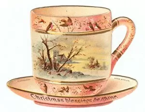 Victorian and Edwardian Christmas Cards Gallery: China cup and saucer on a cutout Christmas card