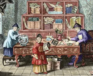 Learn Prints: China. School of chinese writing. 19th century engraving