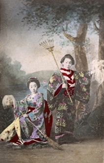 Prop Collection: Chinese Actors holding up masks, a rake and a broom