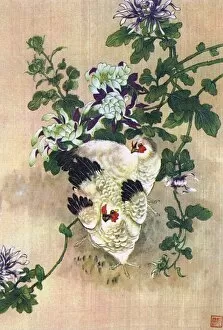 Chinese art, two birds on a branch with white flowers