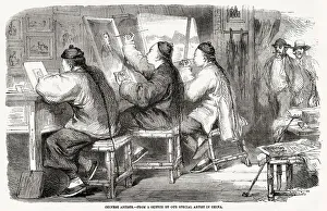 Chinese artists at work in a studio in Hong Kong. From left, one artist is painting a miniature from a daguerrotype