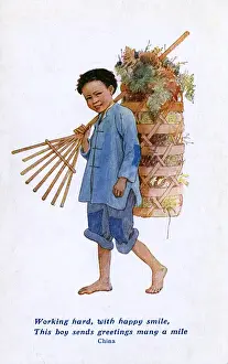 Countryfolk Prints: Chinese country boy with rake and laden backpack
