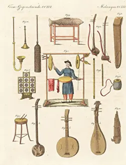 Carl Bertuch Prints: Chinese female musician and musical instruments, 1800s