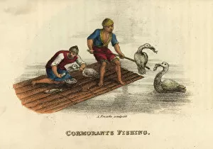 Cormorant Collection: Chinese men cormorant fishing on a raft in