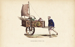 Chinese merchant with hand-drawn wagon with sail Chinese merchant with hand-drawn wagon with sail