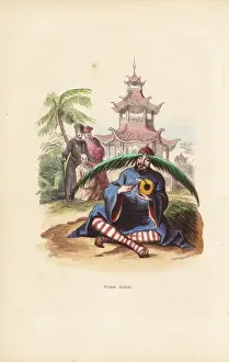 19thcentury Prints: Chinese monk with palm leaf hat sitting in