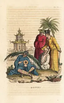 Chinese monks in front of a pagoda