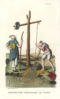 Irrigation Prints: Chinese peasants using a device with bucket