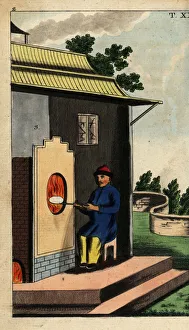 Encyclopedia Gallery: Chinese potter firing a porcelain plate in