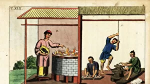 Encyclopedia Collection: Chinese potters making and firing porcelain cups and plates