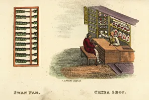 Freschi Collection: Chinese swan pan or abacus, and pottery shop, Qing Dynasty