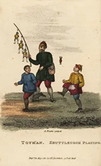 Freschi Collection: Chinese toy seller and boys playing Jianzi, Qing Dynasty
