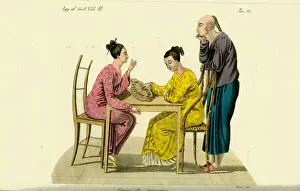 Pigtail Prints: Two Chinese women playing the game of congkak