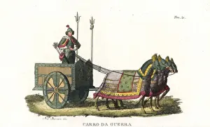 Caparison Prints: Chinese wooden war chariot pulled by four horses