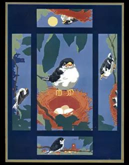 Nesting Prints: Chocolate box design, bird with nest of eggs