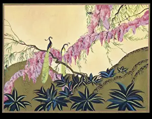 Chocolate box design, peacocks and pink blossom
