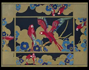 Chocolate box design, red parrots