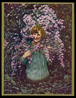 Chocolate box design, woman with pink flowers