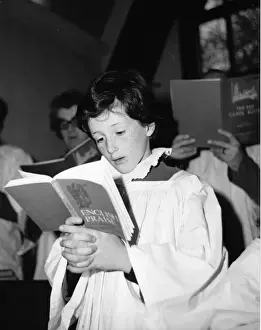 Carol Prints: Choirboy singing in a church choir, Horley, Surrey