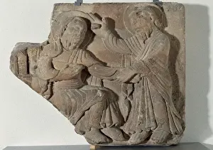 Blessed Prints: Christ blessing (Right) to St. Peter. (Left). Stone. Relief
