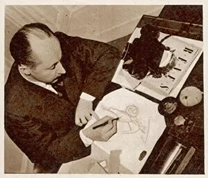 Skirt Collection: Christian Dior sketching a fashion design, 1948