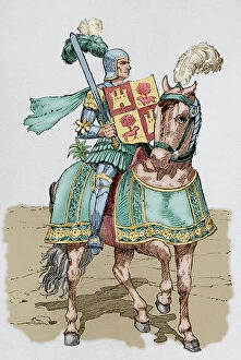 Castile Collection: Christian Knight. Engraving from a codex of the 14th century