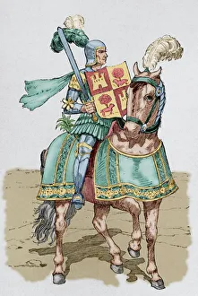 Iberian Collection: Christian Knight. Engraving from a codex of the 14th century