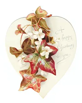 Christmas card with autumn leaves and white flowers