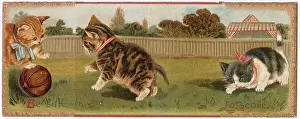 Score Prints: Christmas card, Three cats playing football - Be sure to score. Date: circa 1900s