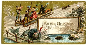 Cold Gallery: Christmas card, children on a sleigh in the snow