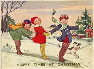Images Dated 30th December 2015: Christmas card, Three children sliding with dog