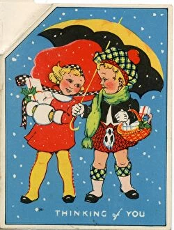 Christmas card, children in the snow