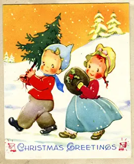 Christmas card, Children in Snow