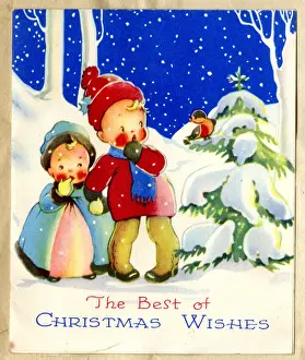 Robins Prints: Christmas card, Children in the snow looking at a robin