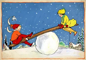 Snowball Prints: Christmas Card - Children on snowball Seesaw