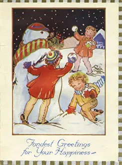 Snowballing Prints: Christmas card, Children and snowman