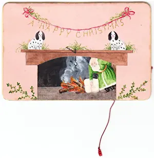 Mantel Prints: Christmas card with dogs and fireplace