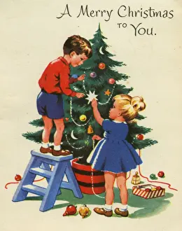 Decorating Prints: Christmas card, Dressing the Christmas Tree