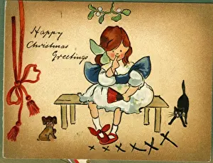 Kisses Prints: Christmas card, girl sitting under mistletoe
