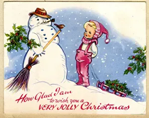 Snowman Prints: Christmas card, Girl talking to snowman