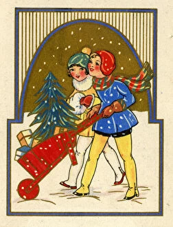 Images Dated 30th January 2017: Christmas card, two girls with wheelbarrow in snow