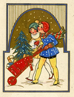 Images Dated 30th January 2017: Christmas card, two girls with wheelbarrow in snow