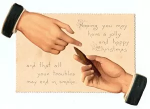 Images Dated 5th October 2017: Christmas card with two hands and a cigar