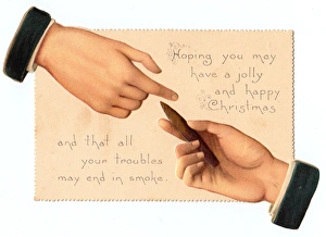 Images Dated 5th October 2017: Christmas card with two hands and a cigar