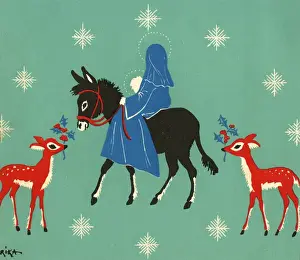 Christmas card, Mary and baby Jesus on a donkey
