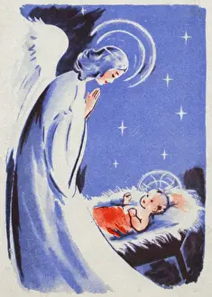 Nativity Prints: Christmas card, Nativity scene with angel and baby
