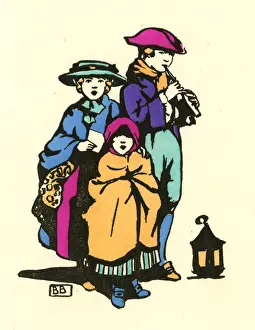 Carols Prints: Christmas card, people singing Christmas carols