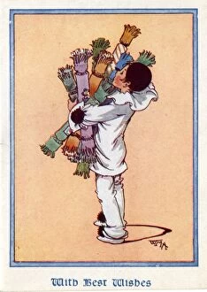 Images Dated 4th August 2016: Christmas Card - Pierrot carrying Christmas crackers