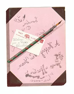 Handwriting Gallery: Christmas card with pink blotting paper, pen and postcard